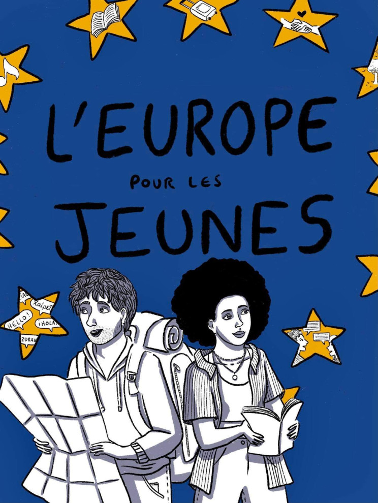 Fond bleu etoiles dorées du drapeau européen. Mention L Europe pour les jeunes